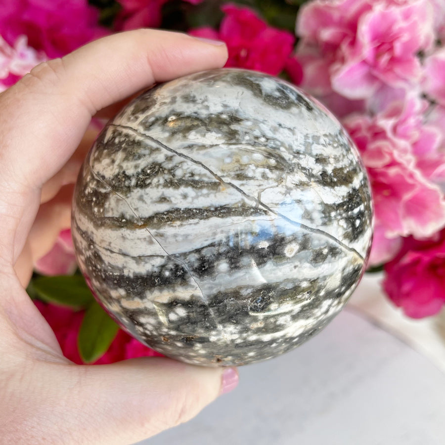 Large Ocean Jasper Crystal Sphere with Druzy Pockets