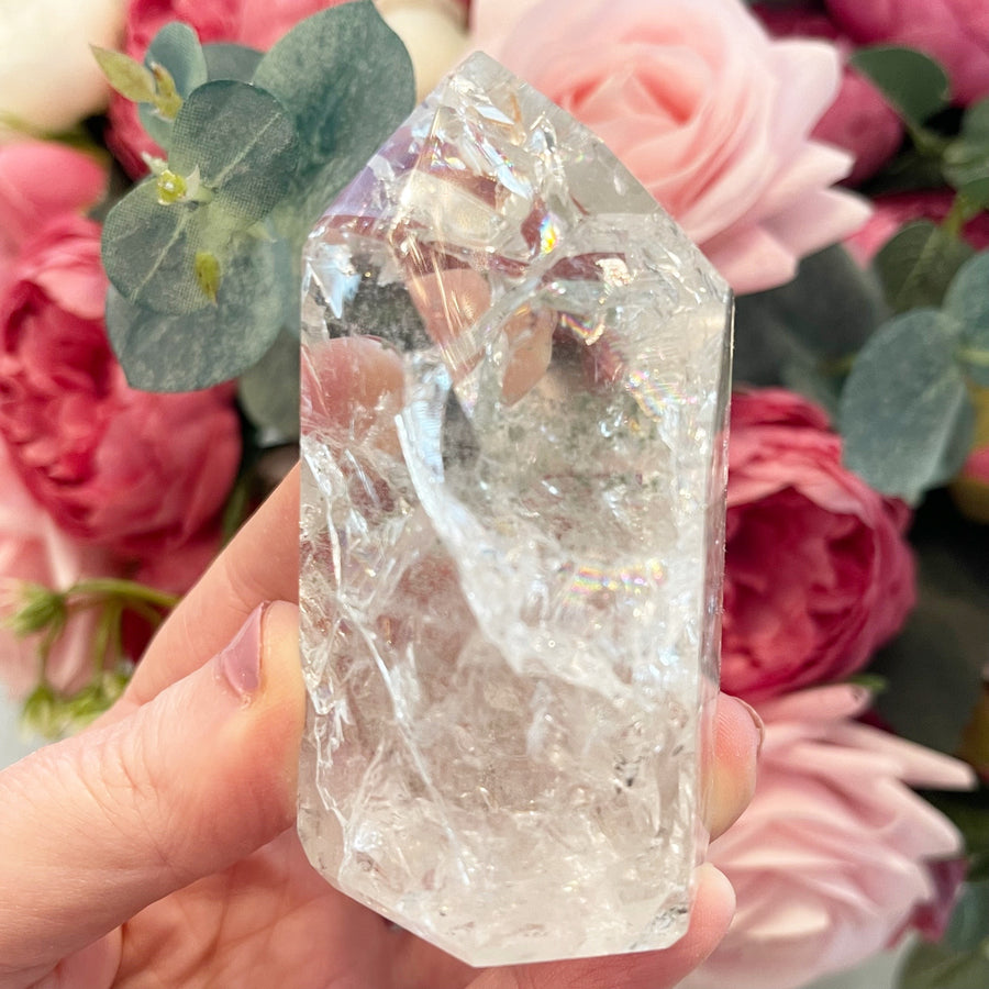 Chlorite Crackle Quartz Tower with Rainbows