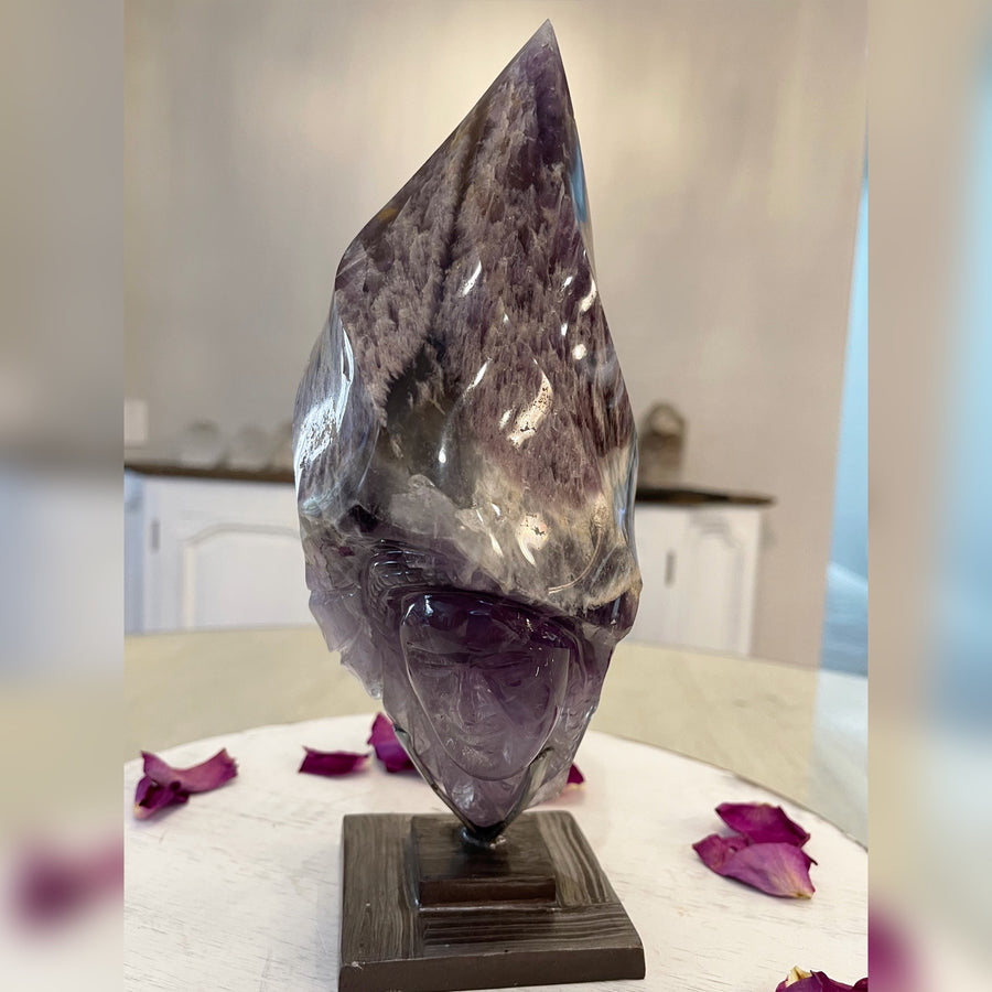 Amethyst Elestial Flame Sculpture on Custom Metal Stand Carved by Wilson Venturini