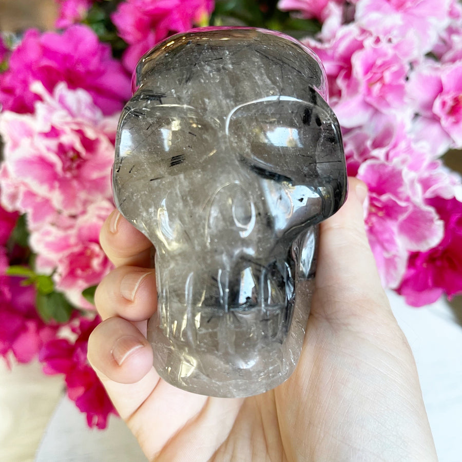 Tourmaline Rutile Quartz Crystal Skull from Brazil