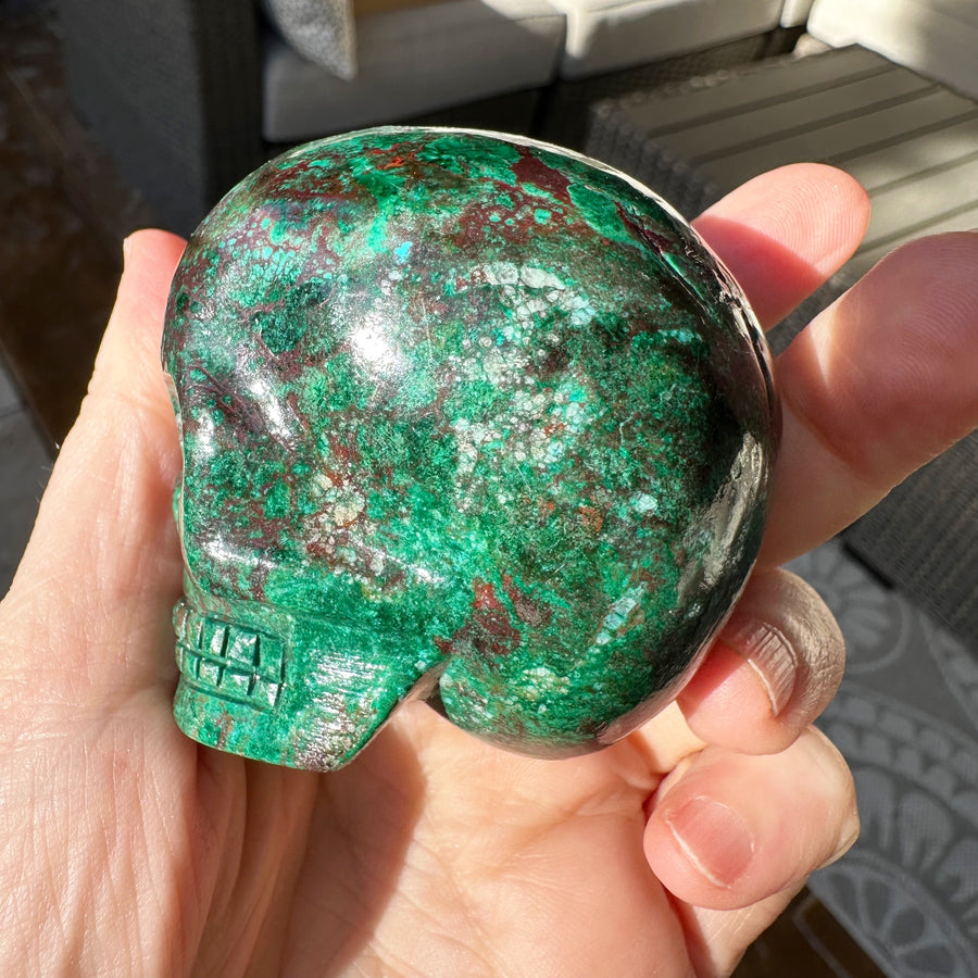 Chrysocolla and Malachite Magical Child Crystal Skull Carved by Leandro de Souza