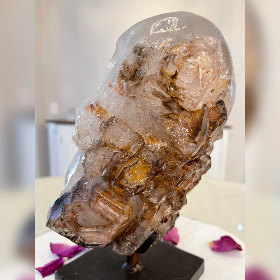 Smokey Elestial Double Crystal Skull on Custom Metal Stand Carved by Wilson Venturini