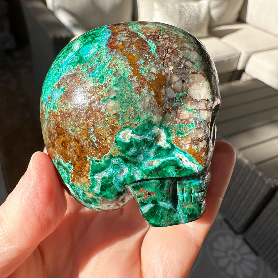Chrysocolla and Malachite Magical Child Crystal Skull Carved by Leandro de Souza