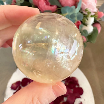 Golden Calcite Crystal Sphere with Rainbows