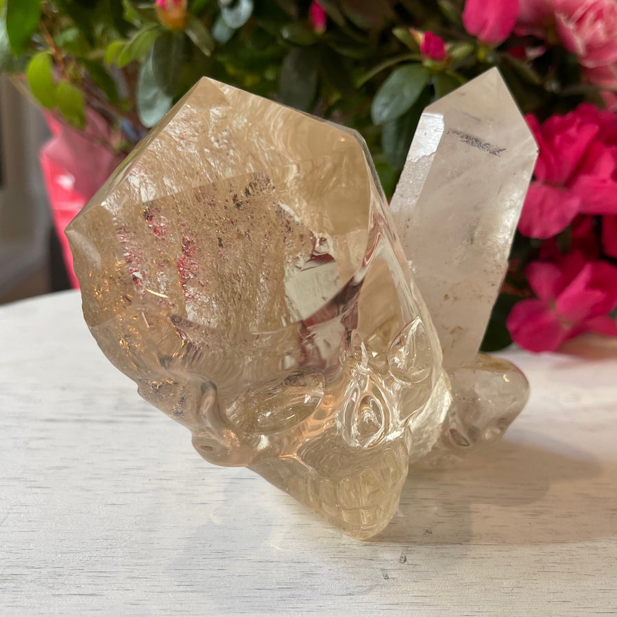Rutile Lodolite Citrine Crystal Skull with Natural Point Carved by Leandro de Souza