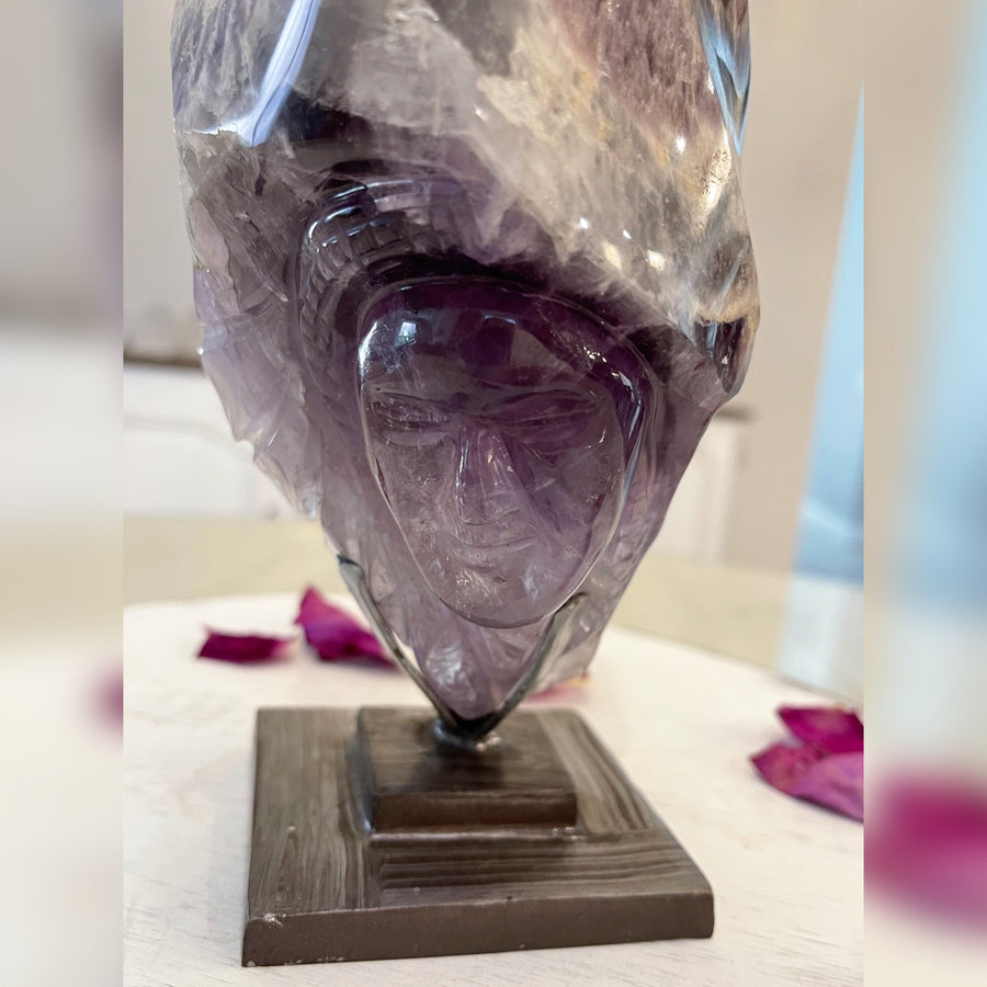 Amethyst Elestial Flame Sculpture on Custom Metal Stand Carved by Wilson Venturini