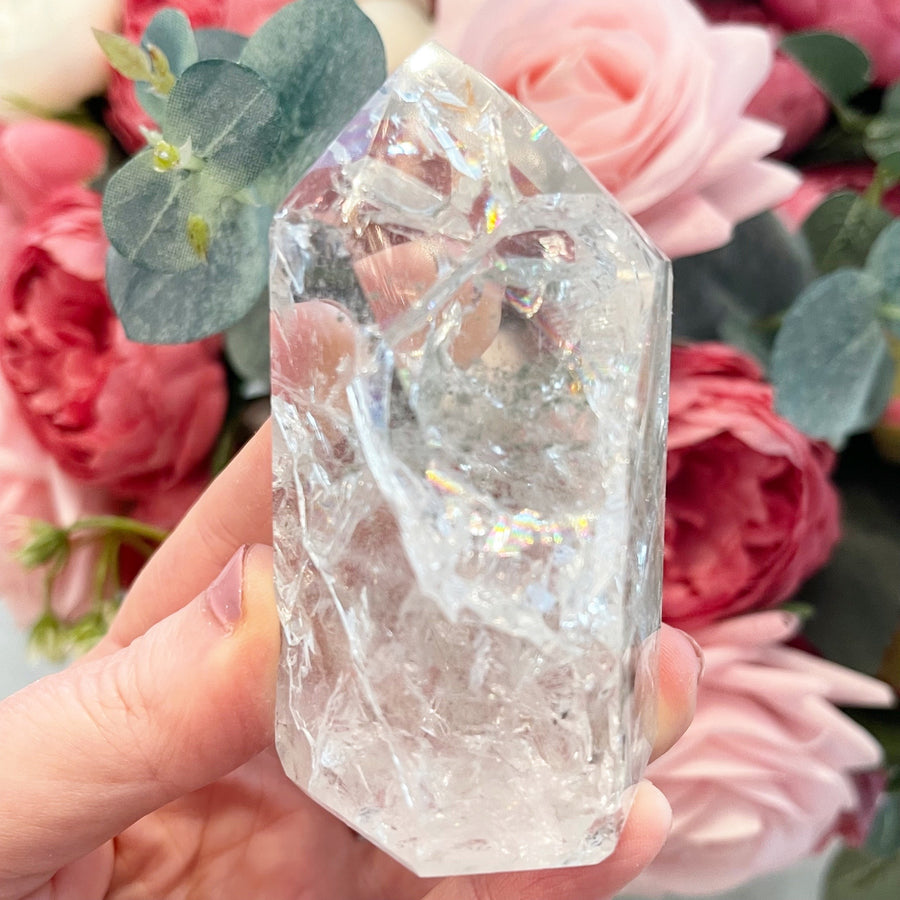 Chlorite Crackle Quartz Tower with Rainbows