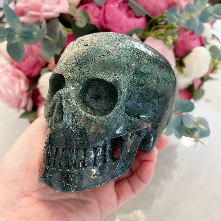 Green Moss Agate MItchell-Hedges Style Crystal Skull