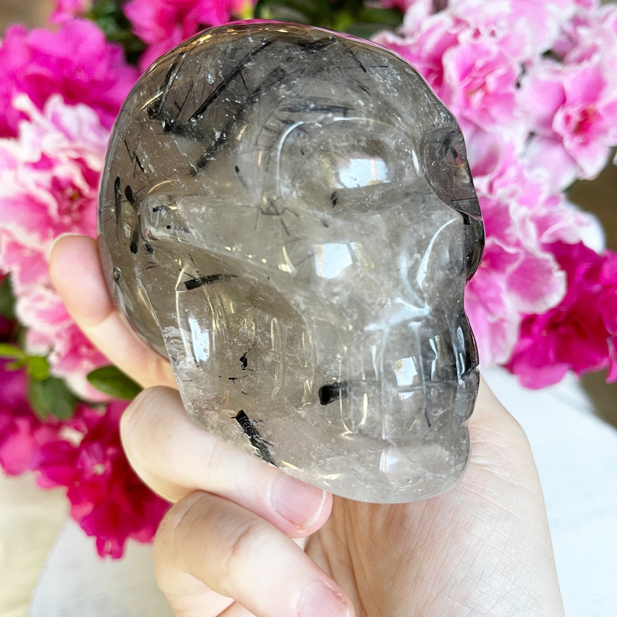 Tourmaline Rutile Quartz Crystal Skull from Brazil