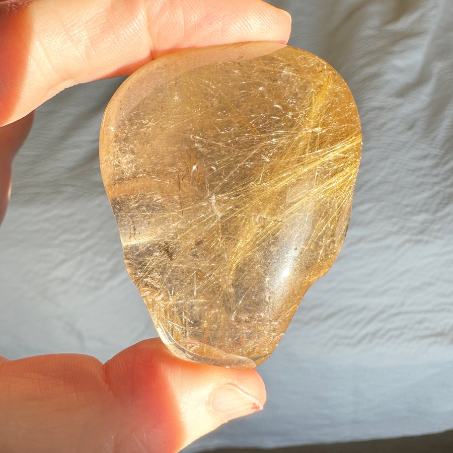 Rutile Quartz Palm Crystal Skull Carved by Leandro de Souza