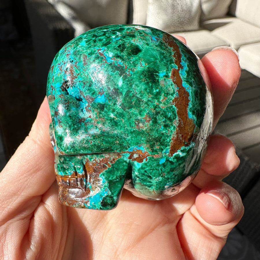 Chrysocolla and Malachite Magical Child Crystal Skull Carved by Leandro de Souza