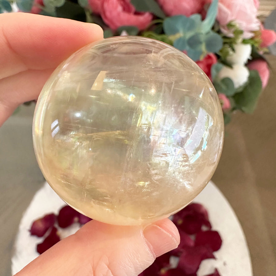 Golden Calcite Crystal Sphere with Rainbows