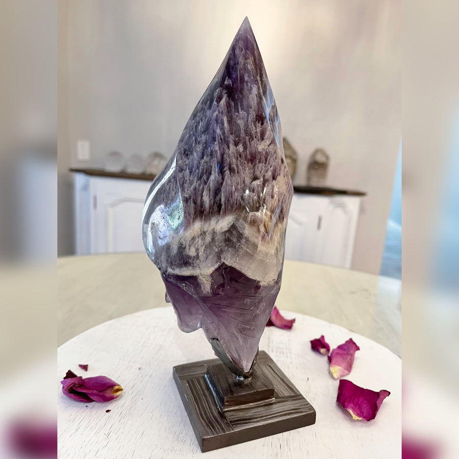 Amethyst Elestial Flame Sculpture on Custom Metal Stand Carved by Wilson Venturini