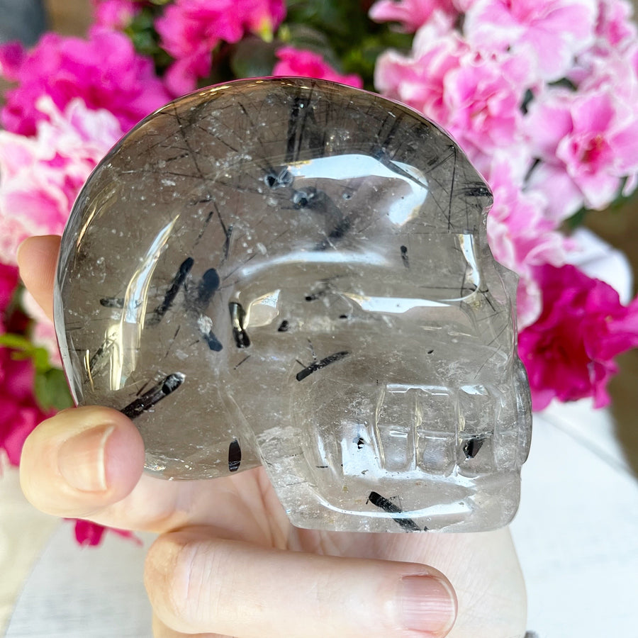 Tourmaline Rutile Quartz Crystal Skull from Brazil