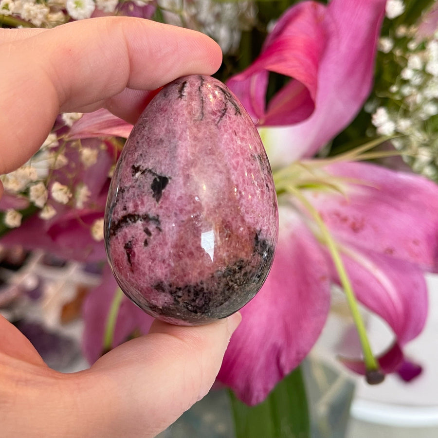 Pink and Black Rhodonite Crystal Egg