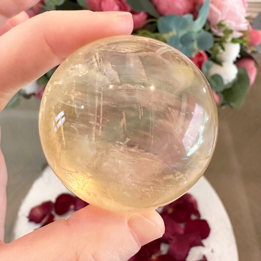Golden Calcite Crystal Sphere with Rainbows