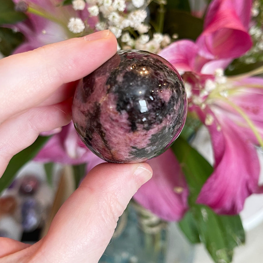 Pink and Black Rhodonite Crystal Egg