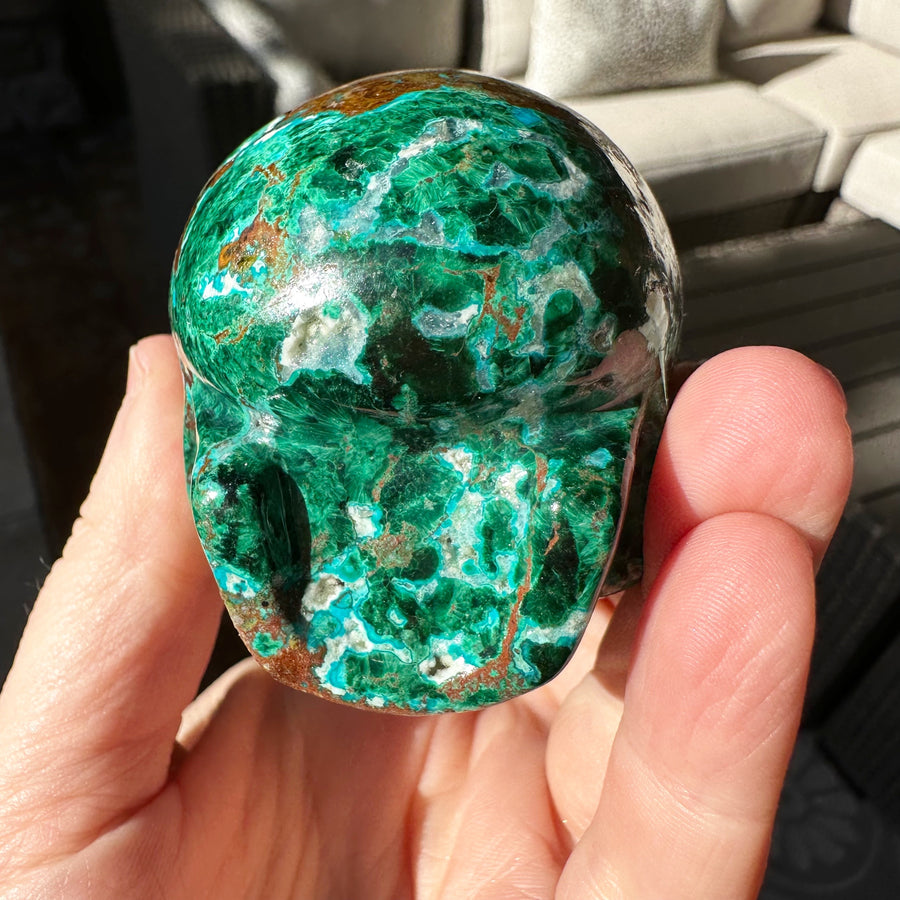 Chrysocolla and Malachite Magical Child Crystal Skull Carved by Leandro de Souza