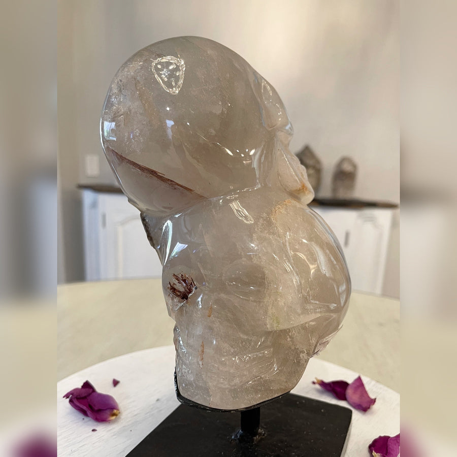 Smokey Elestial Double Crystal Skull on Custom Metal Stand Carved by Wilson Venturini