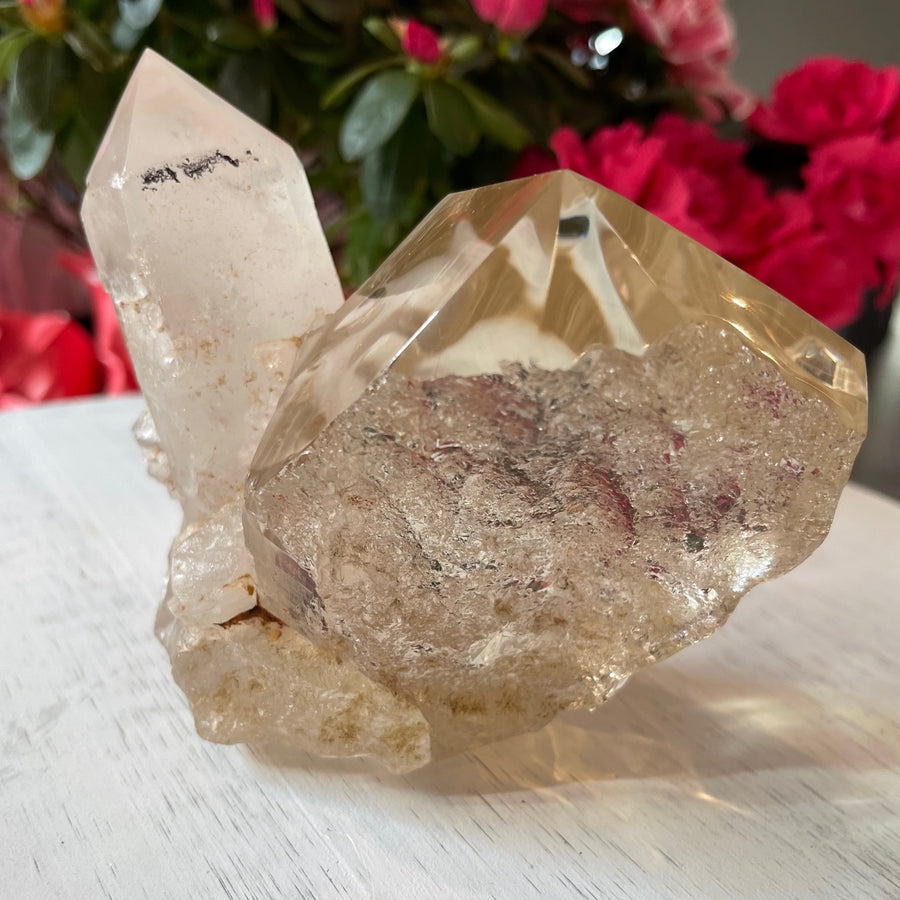 Rutile Lodolite Citrine Crystal Skull with Natural Point Carved by Leandro de Souza