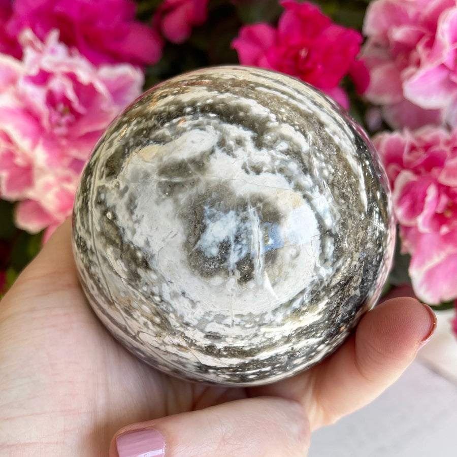 Large Ocean Jasper Crystal Sphere with Druzy Pockets