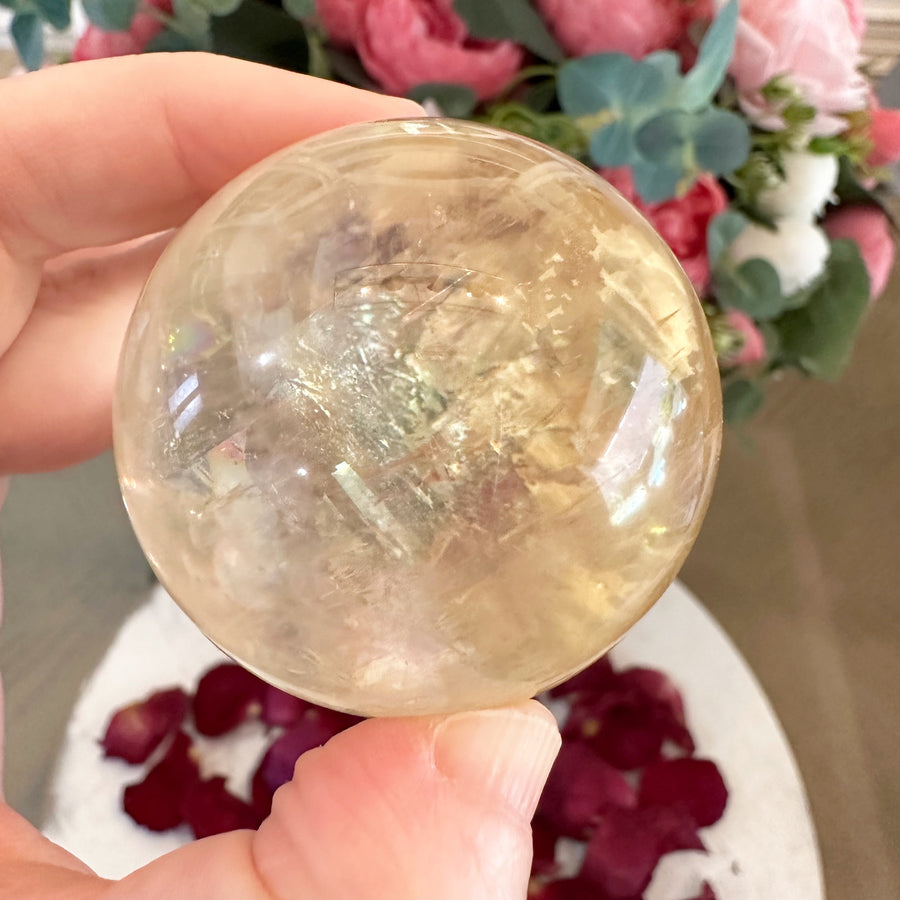 Golden Calcite Crystal Sphere with Rainbows