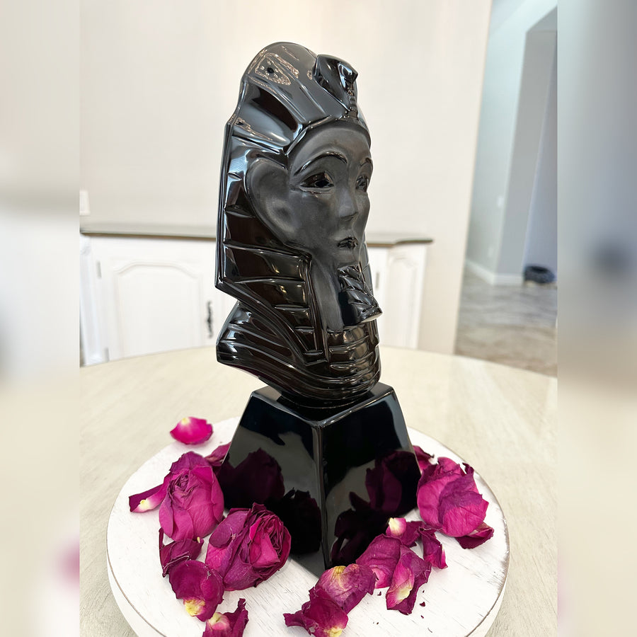 Huge Black Obsidian Ancient Egyptian Pharaoh King Tut Crystal Carving