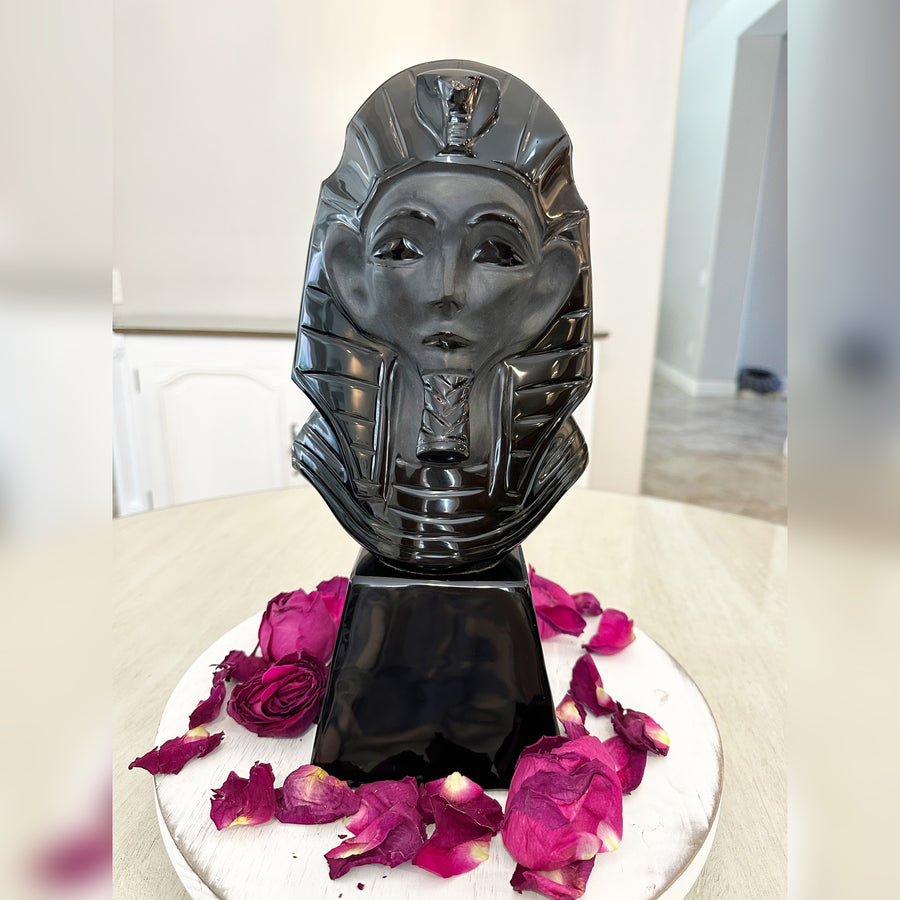 Huge Black Obsidian Ancient Egyptian Pharaoh King Tut Crystal Carving